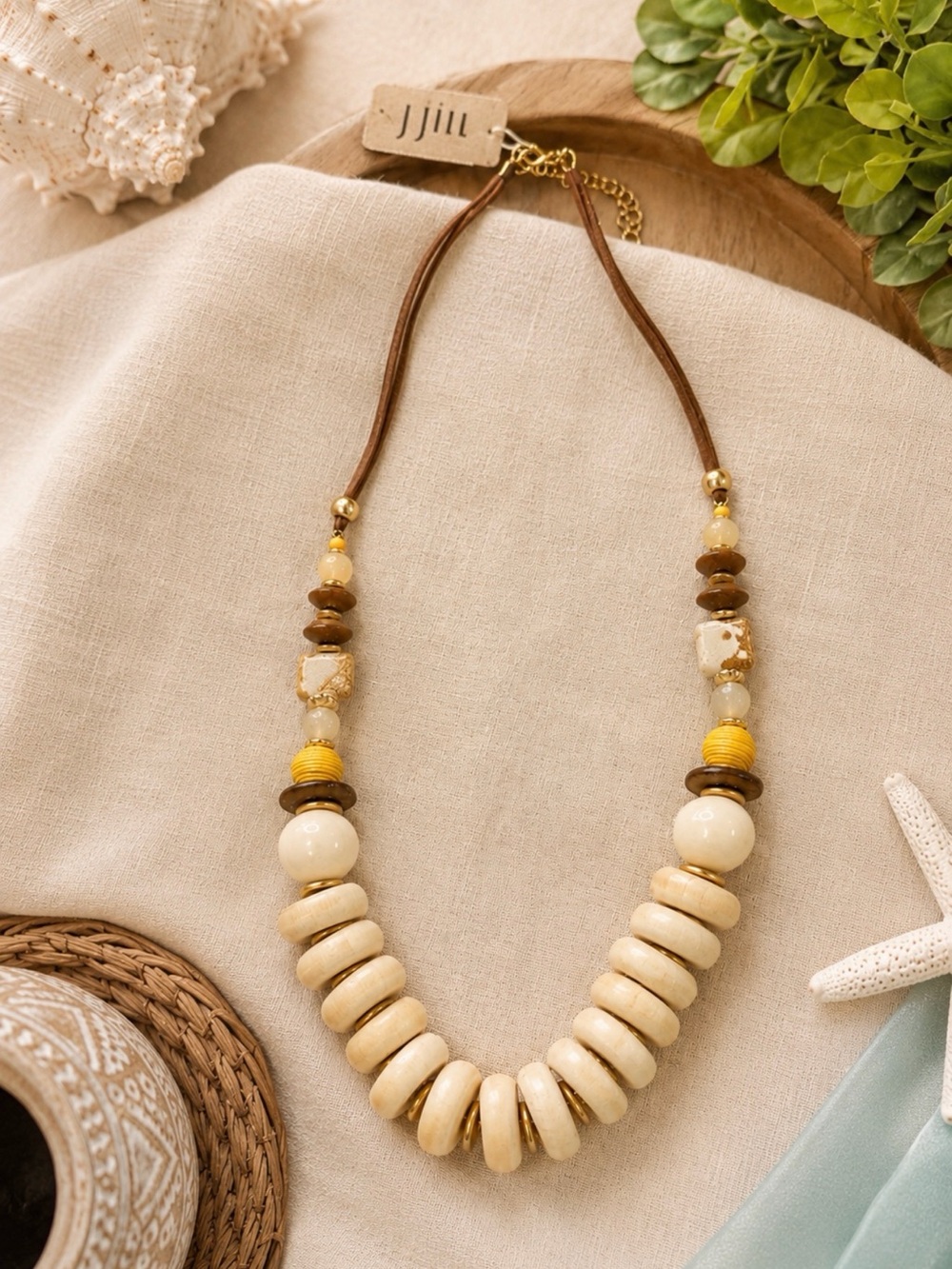 J JILL MIXED MATERIAL SEMI PRECIOUS STONE LEATHER CORD WOOD BEADS NECKLACE